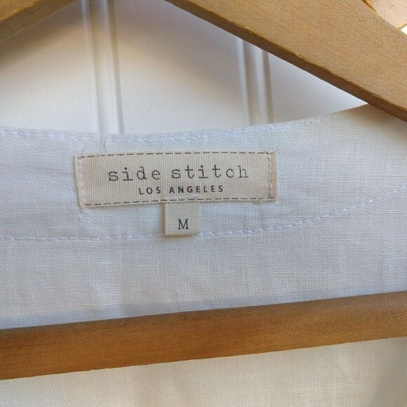 Side Stitch White Linen lace Up Top Size M Roll Tab Sleeves Lagenlook Blouse - Picture 6 of 8